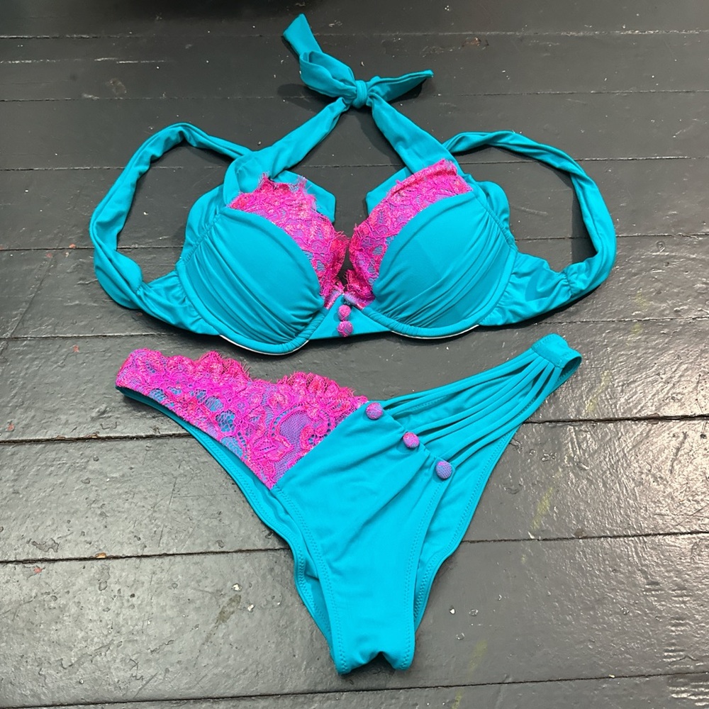 Beach Bunny Turquoise & Pink Lace Bikini Set